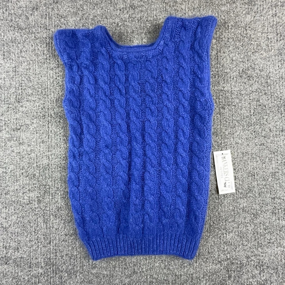 Vintage Bankers Club Sweater Vest Womens Petite P Blue Cable Knit Silk Angora